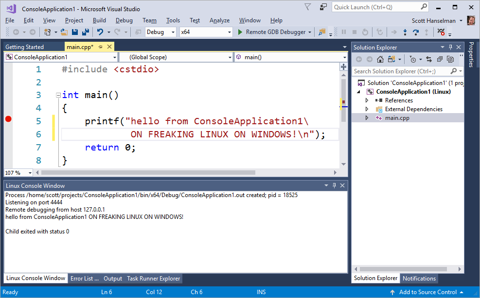 I'm writing C++ in Visual Studio on Windows talking to the local Linux Subsystem I'm writing C++ in Visual Studio on Windows talking to the local Linux Subsystem